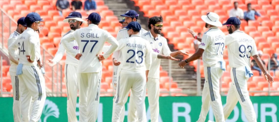 Ahmedabad: India's Ravindra Jadeja celebrates with teammates after dismissing West Indies' John Campbell during the third day of the first Test cricket match between India and West Indies in Ahmedabad on Saturday, October 04, 2025. (Photo: IANS)